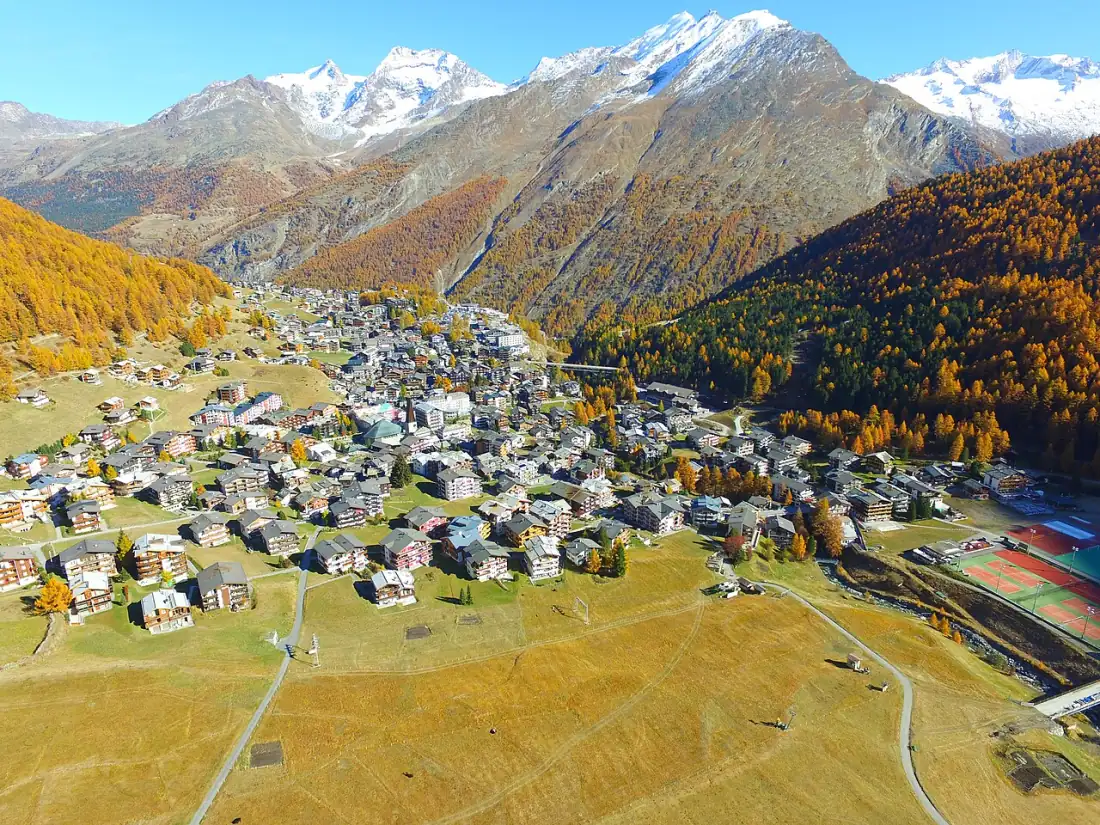 Aerial view of Saas-Fee village and surrounding alpine slopes